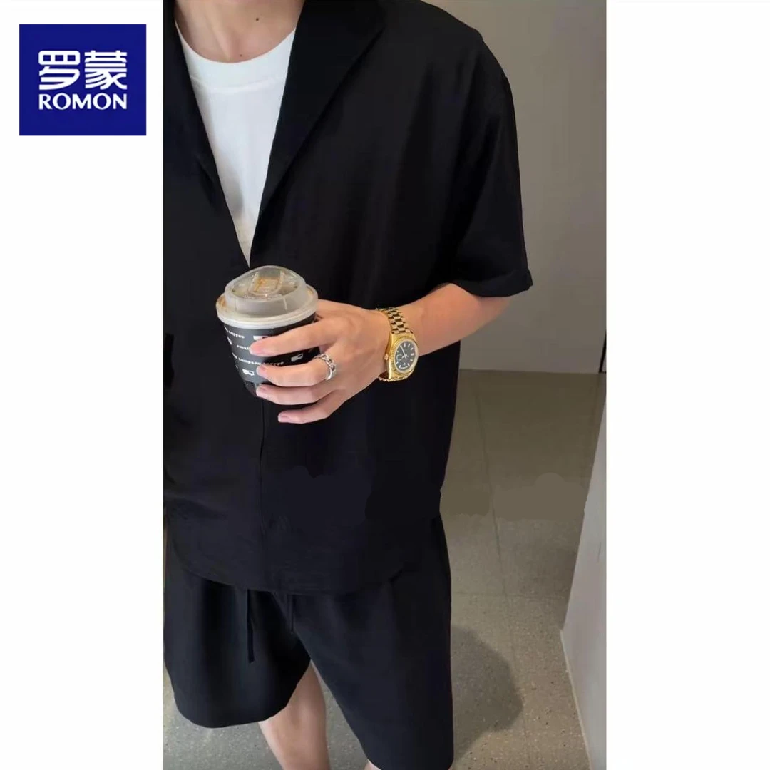 罗蒙黑色夏季假两件老钱风亚麻两件套装男2025高级感衬衫短裤夏装