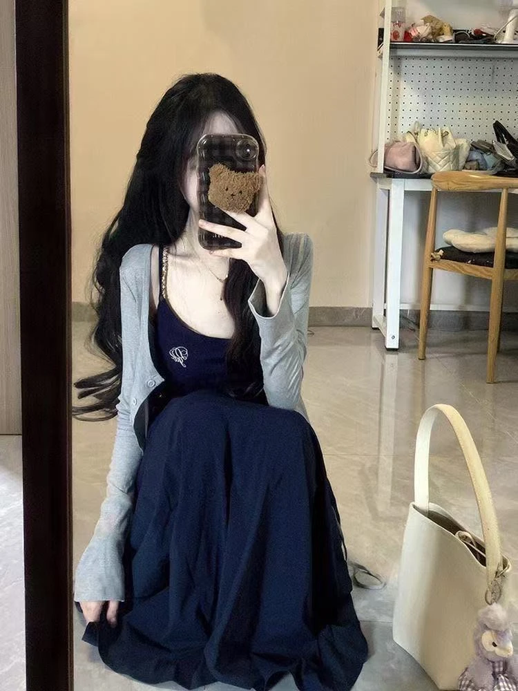 风情万种吊带连衣裙子女新款修身掐腰长裙早秋穿搭开衫套装两件套