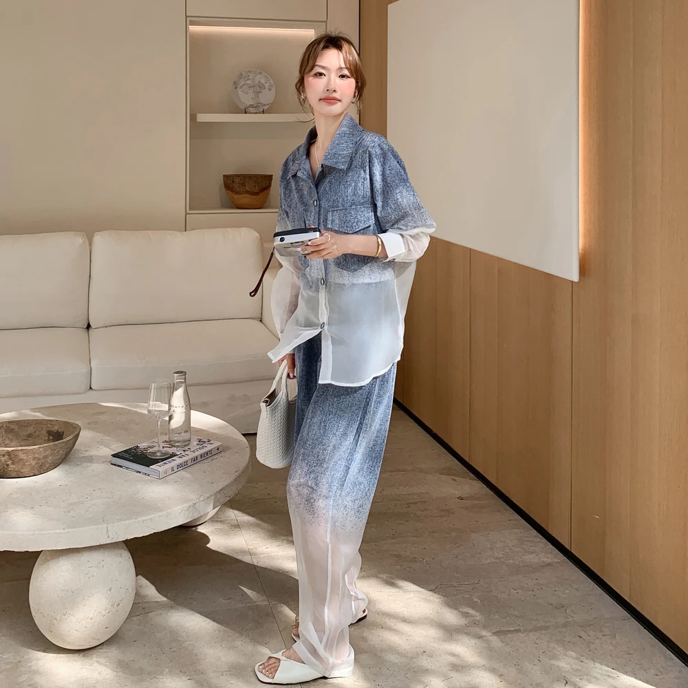渐变色韩版盐系轻奢气质防晒衬衫套装女2025夏季新款阔腿裤两件套