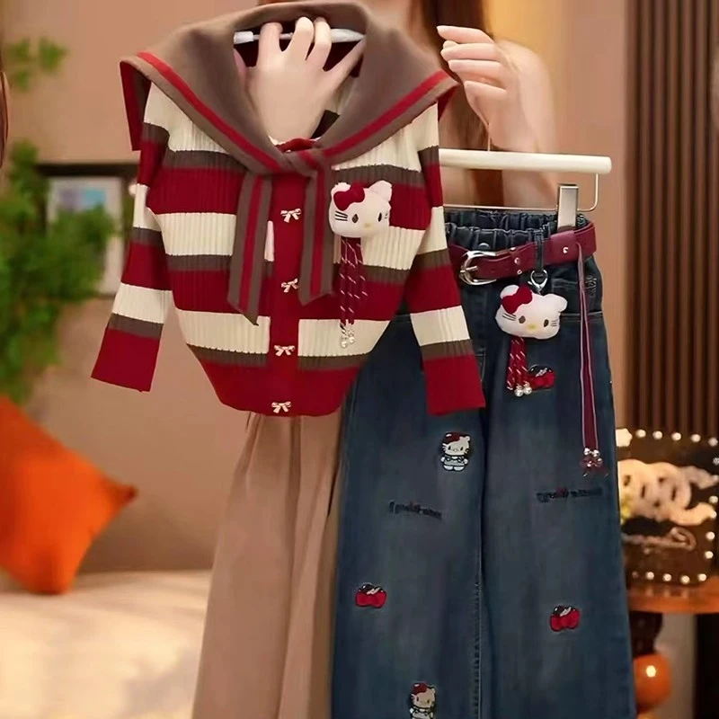 女童海军领条纹毛衣套装春秋2025新款儿童秋装中大童牛仔裤两件套