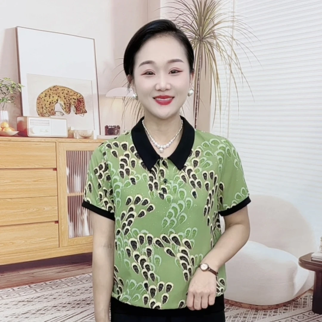 妈妈装流行欧若拉时尚翻领中老年女装宽松女士独特漂亮休闲短袖