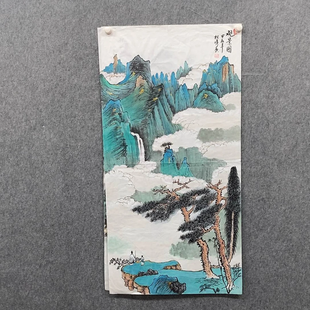 国画四尺仿古描金青绿山水一副