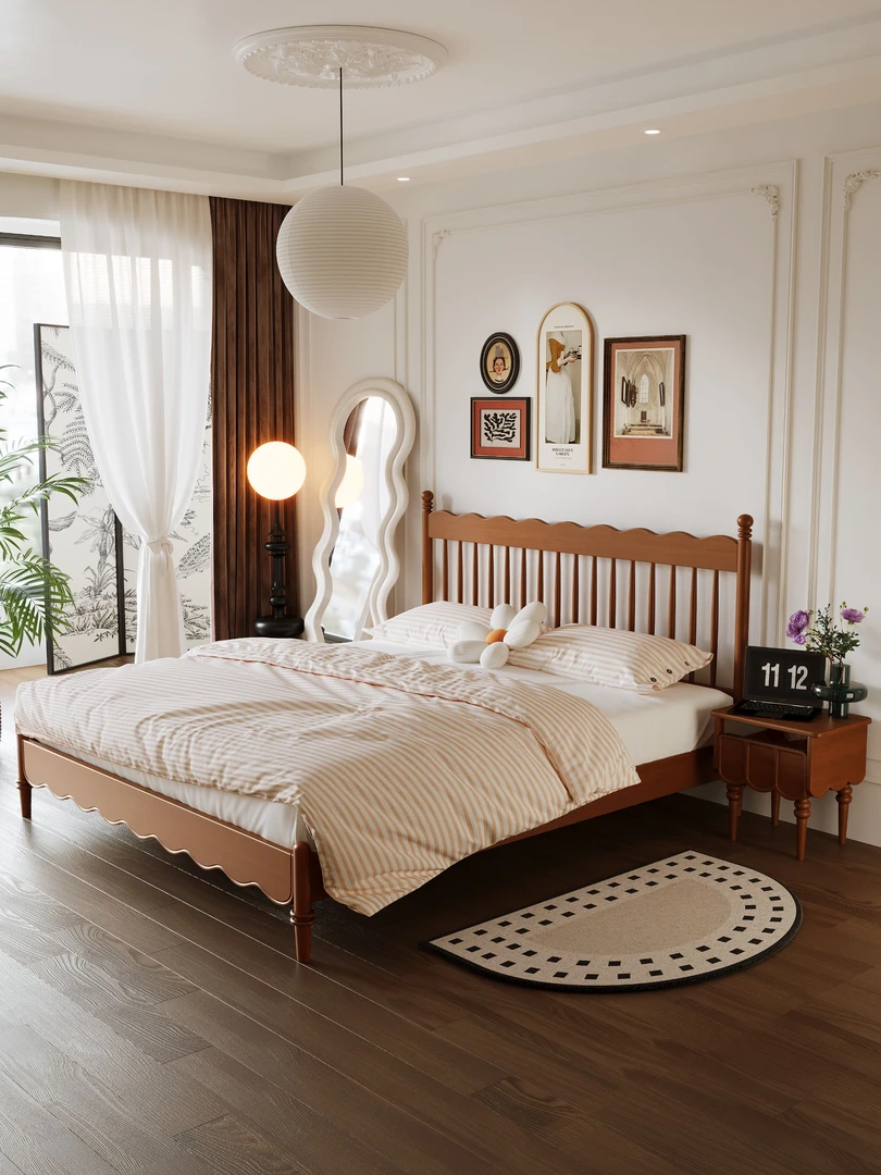 现代轻奢简约中古风大床法式复古主卧次卧双人床婚床实木温莎床