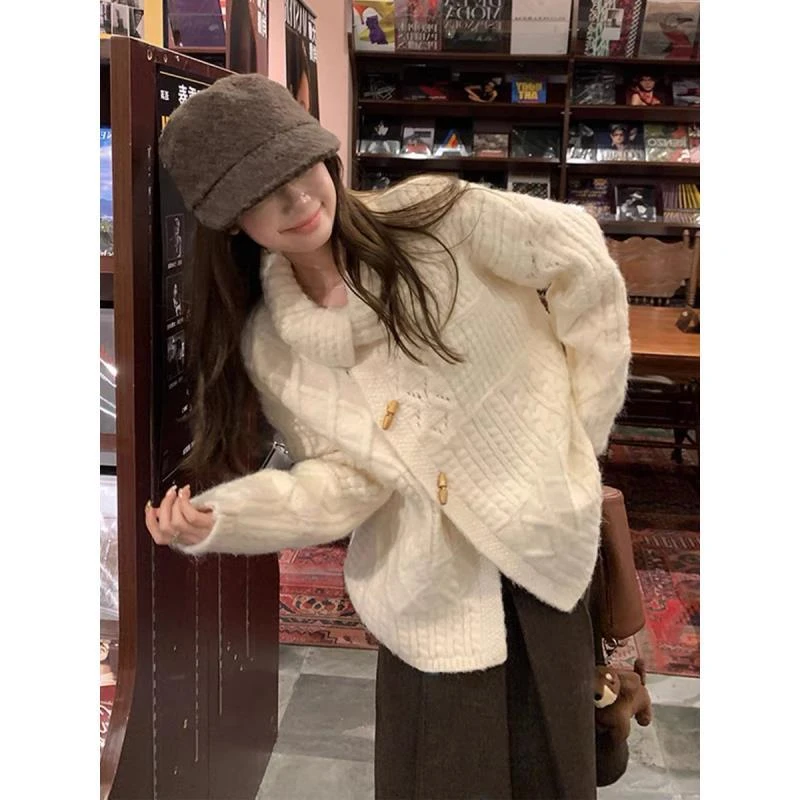 韩系重工绞花牛角扣翻领慵懒麻花毛线衣女秋冬外搭羊毛毛衣外套#5