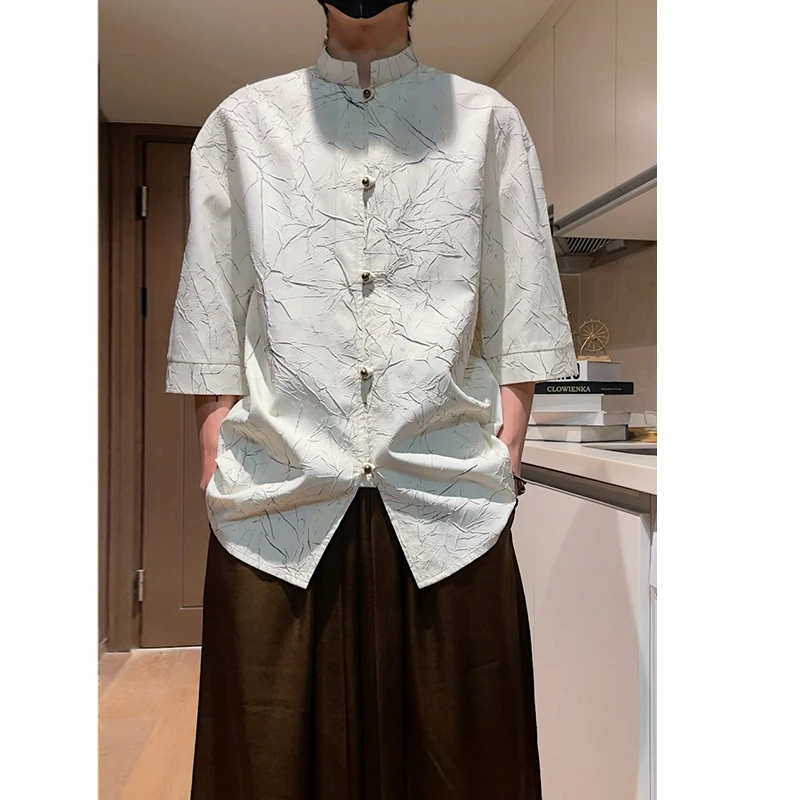 高级感痞帅浮雕提花衬衫男短袖中国风铜扣个性衬衣宽松五分袖汉服
