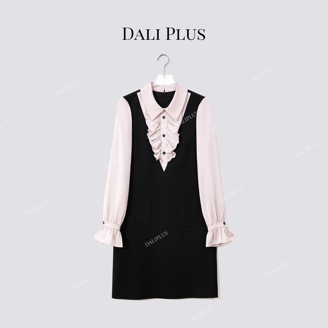 DALI PLUS“假两件黑撞粉”法式领荷叶边长袖连衣裙-D5SS7232