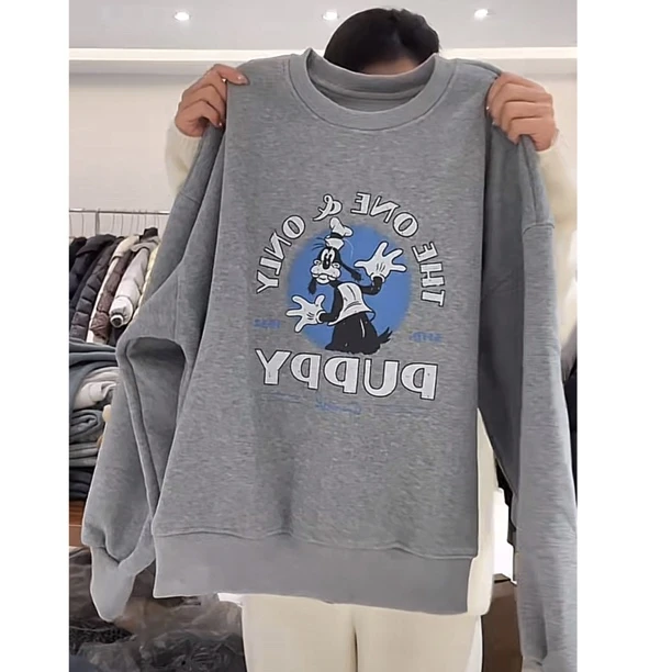 冬季新款加绒圆领高飞小狗印花卫衣