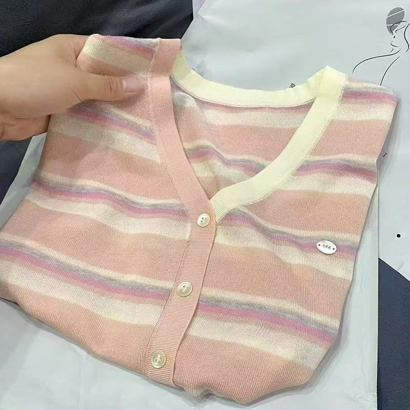 毛针织衫显瘦上衣短袖针织衫女通勤秋季夏季V领时尚
