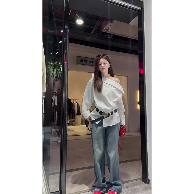2025新款女士早春季纯欲风白色不规则长袖斜肩衬衫上衣高腰阔腿裤