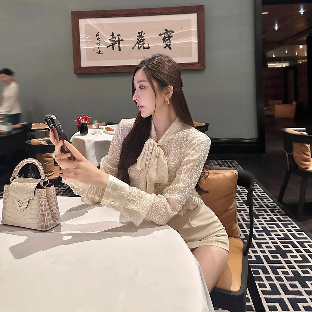 SX善喜知性100%真丝烧花飘带衬衣+吊带套装女百搭气质优雅两件套