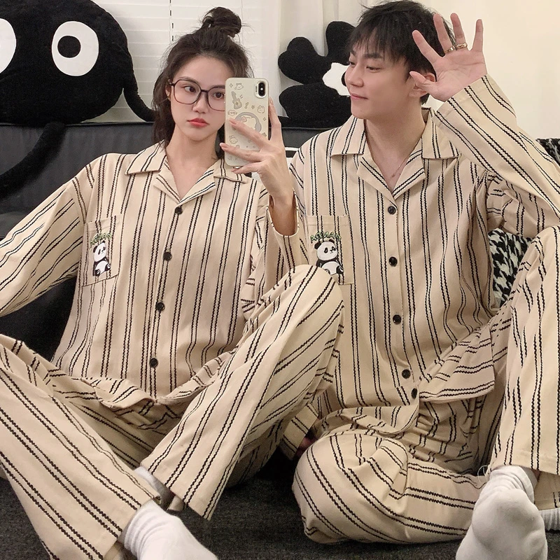 纯棉条纹熊猫情侣睡衣薄款长袖长裤套装男女可外穿休闲简约家居服