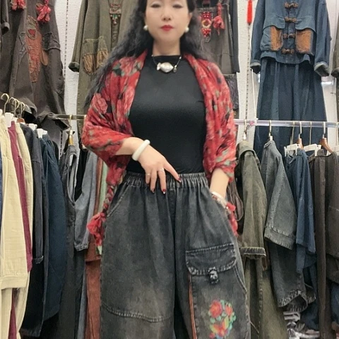 刺绣招财猫牛仔绣花裤松紧腰