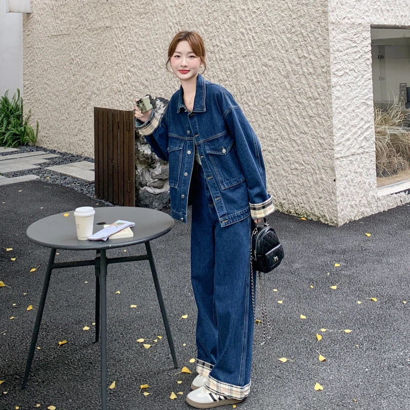 复古牛仔套装女早秋新款格纹拼接今年流行简约大方阔腿裤两件套