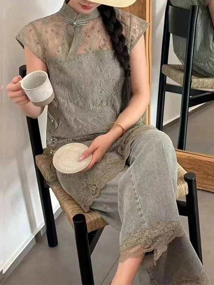 高级感时尚套装蕾丝纱上衣八分牛仔阔腿裤女巨好看夏装高档两件套