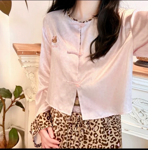 二姐联名黑皮Kitty豹纹中式盘扣甜美家居服秋季长袖长裤睡衣套装