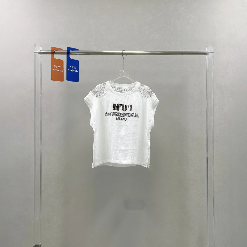 绣衣之艺夏装圆领字母飞飞袖拼接蕾丝亚麻上衣女宽松半袖T恤16033