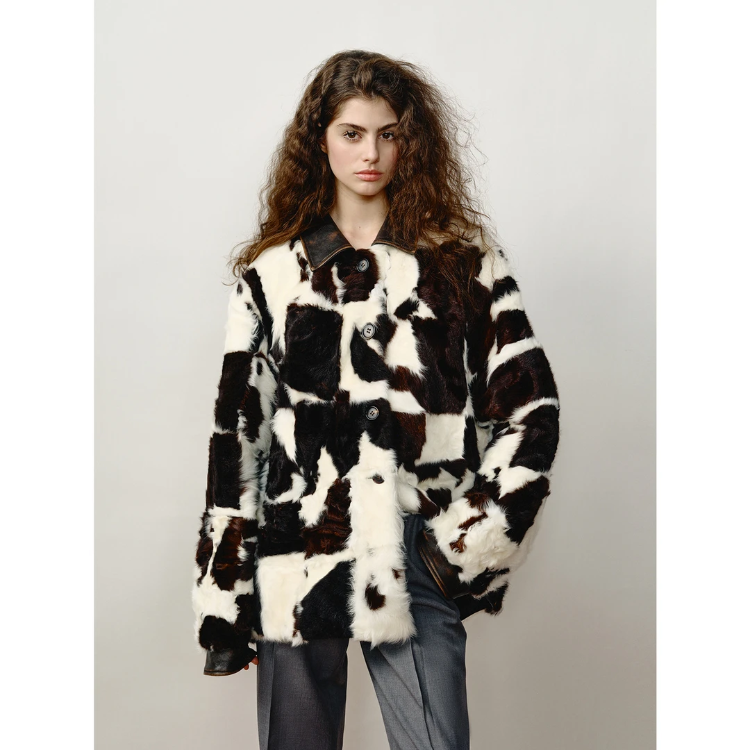 【FF×JW联名 艺术剧场】复古设计感翻领棋盘格拼接羊毛皮草外套