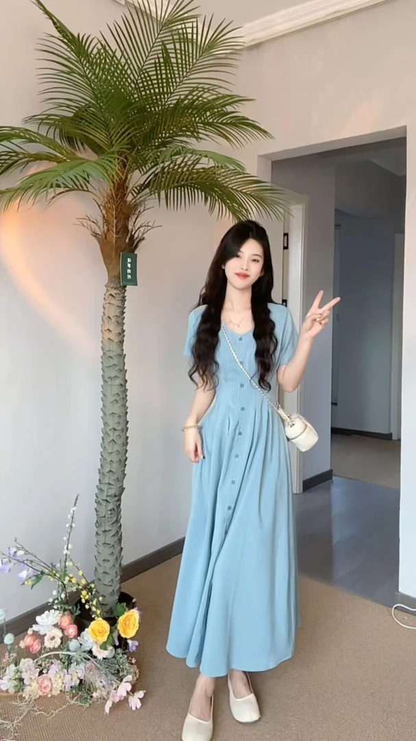 AN.XIN【盛夏与蝉】小众高级感设计高腰显瘦条纹连衣裙8821
