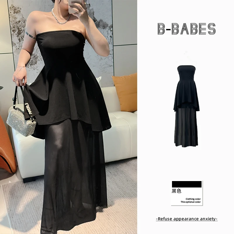 B-babes【黑色无声】网纱拼接抹胸连衣裙设计感微胖显瘦气质中长裙