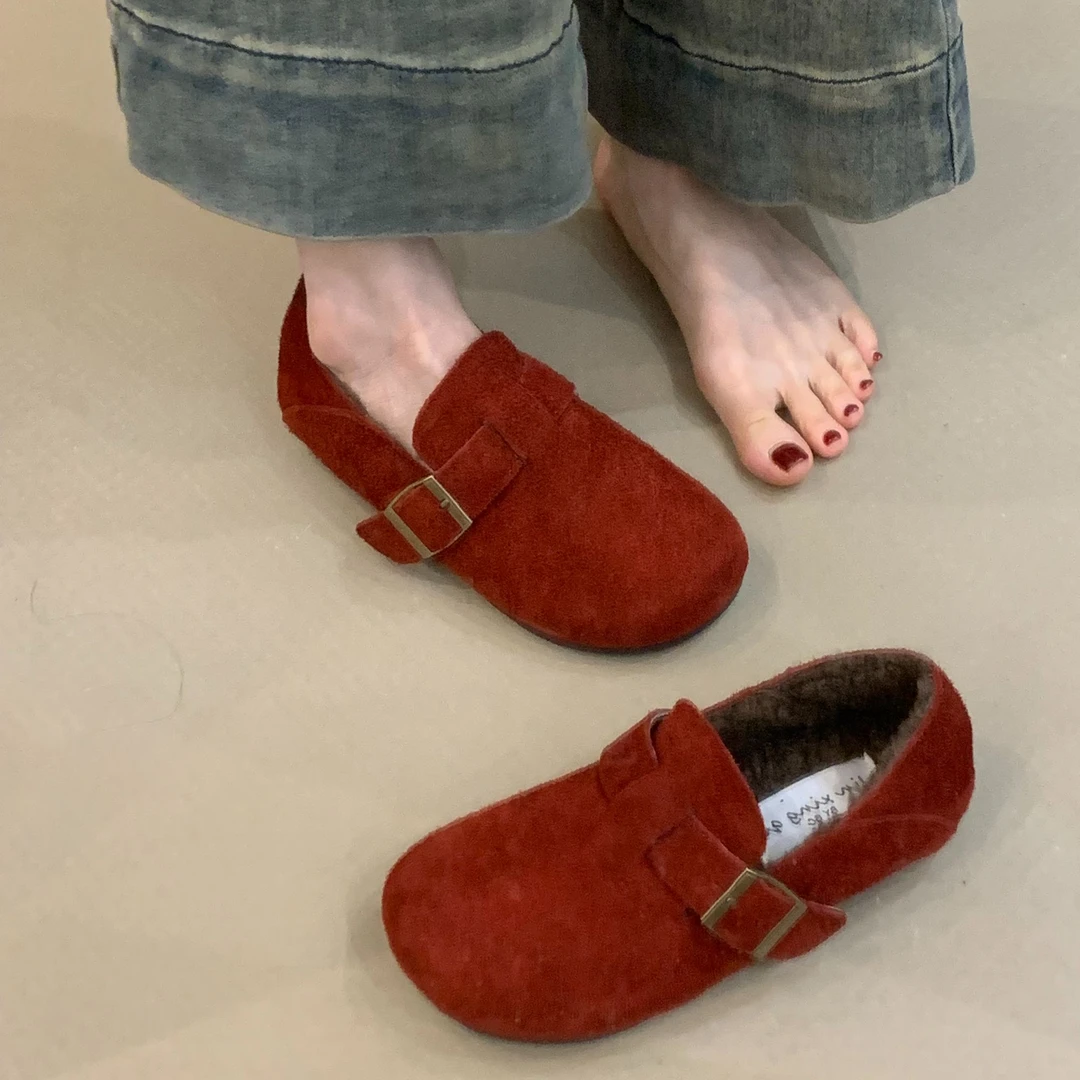 JHM-8156-6A冬季款森女文艺风2025年复古磨砂一脚蹬加绒勃肯棉鞋