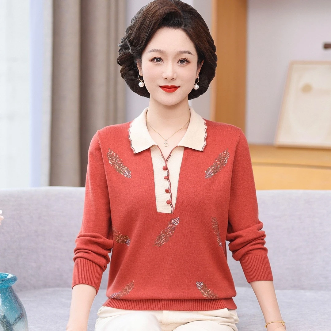 新款妈妈春装长袖毛衣中老年时尚宽松针织打底衫中年春季洋气上衣