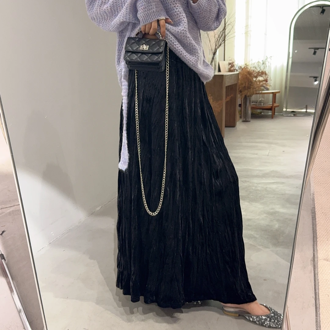 大禾【三长度两厚度】 冰花百褶丝绒半身裙女秋冬季气质中长款A字裙