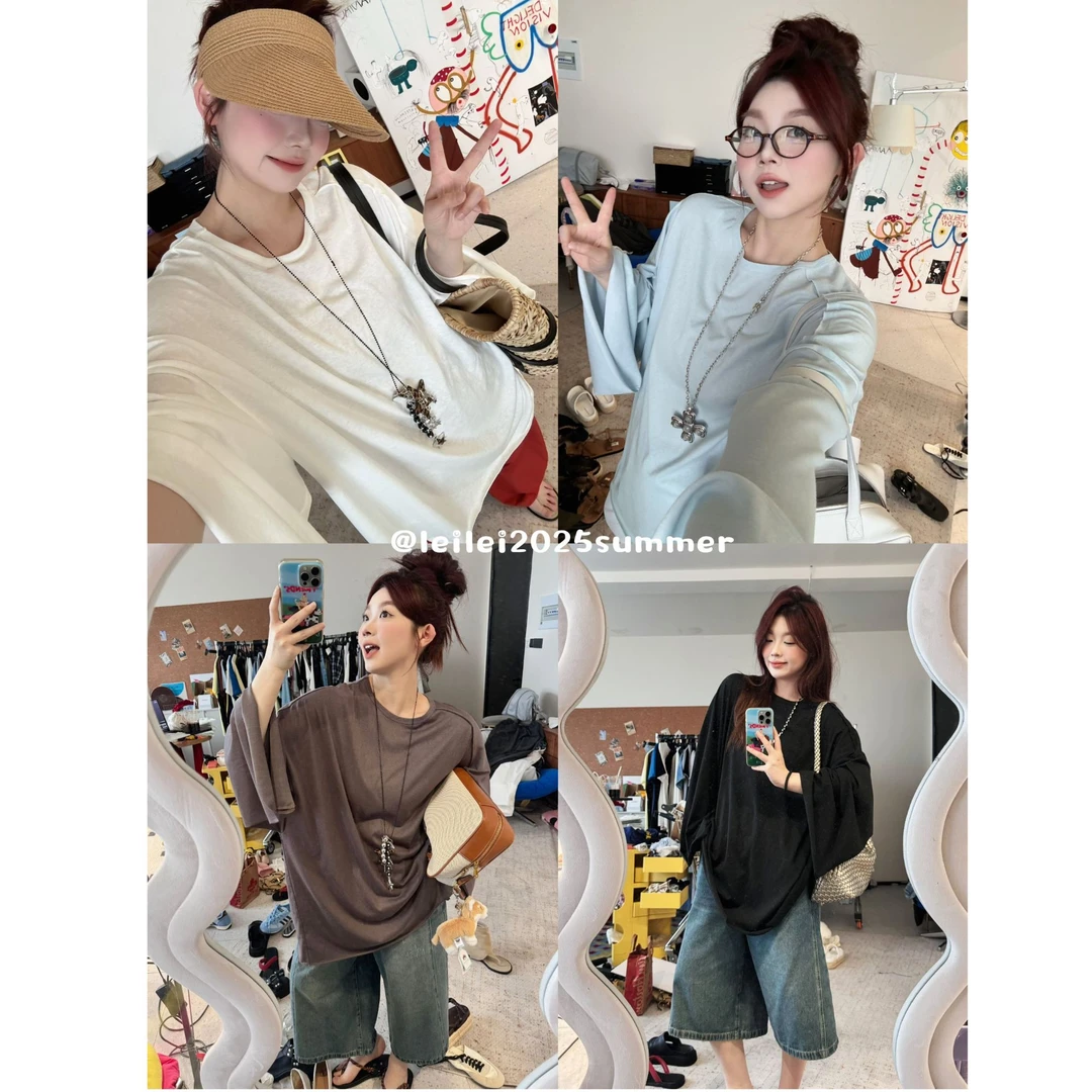 晶咕【日出维拉斯】慵懒感宽松圆领可露肩纯色长袖T恤