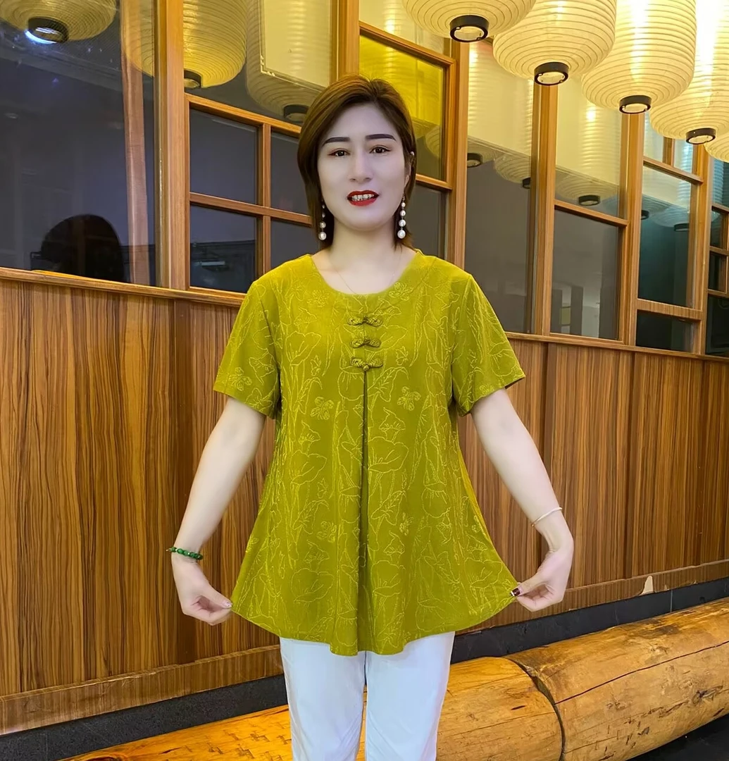 夏季新款时尚纯色提花百搭宽松显瘦洋气中长大版衫