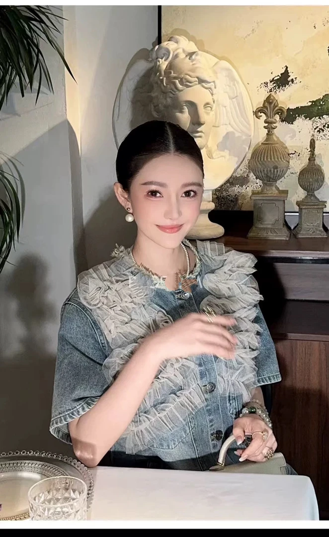 欧货重工网纱拼接短袖牛仔裙女2025夏装宽松洋气设计感气质连衣裙