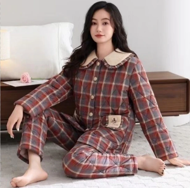 新款梭织棉三层夹棉冬季厚款甜美风可外穿家居时尚睡衣女