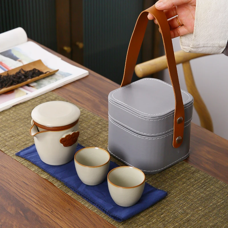 汝窑旅行茶具便携式高端简易快客杯户外随身泡茶一壶二杯陶瓷套装
