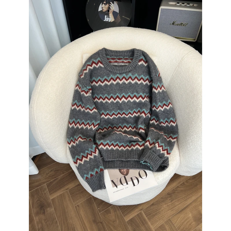 KAISIO春秋韩系小众设计圆领条纹上衣时尚百搭针织衫毛衣2501040