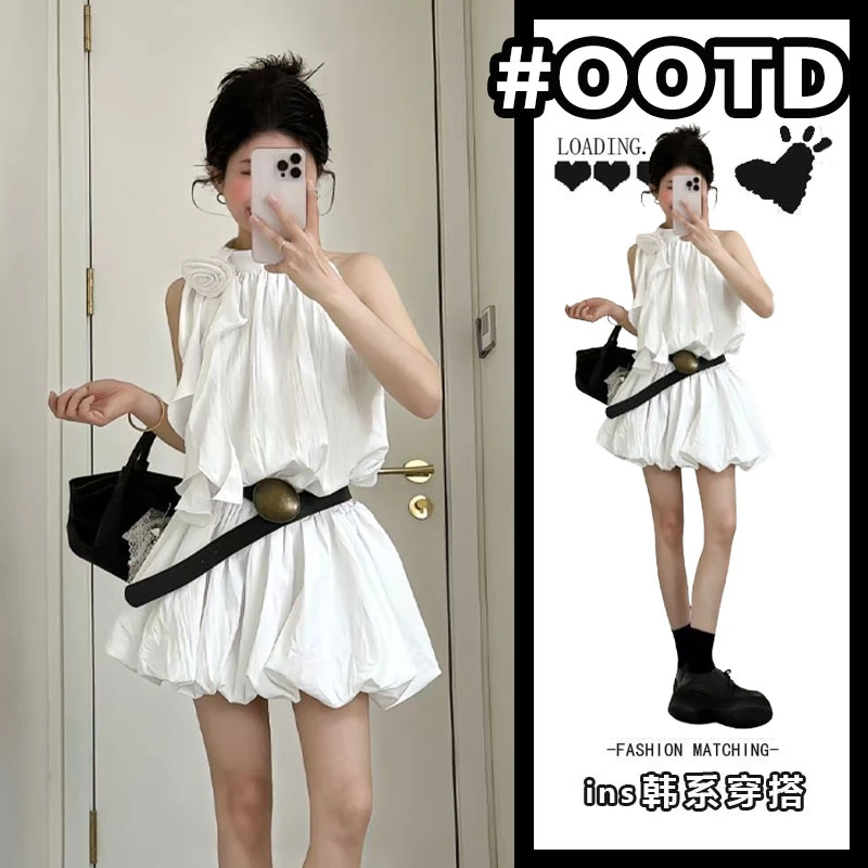 法式白色荷叶边玫瑰花挂脖连衣裙女夏季收腰显瘦花苞裙无袖短裙