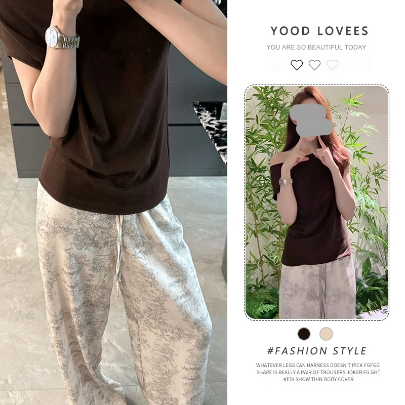 高级感不对称斜肩T恤露肩上衣女2025夏季新款休闲直筒阔腿裤套装