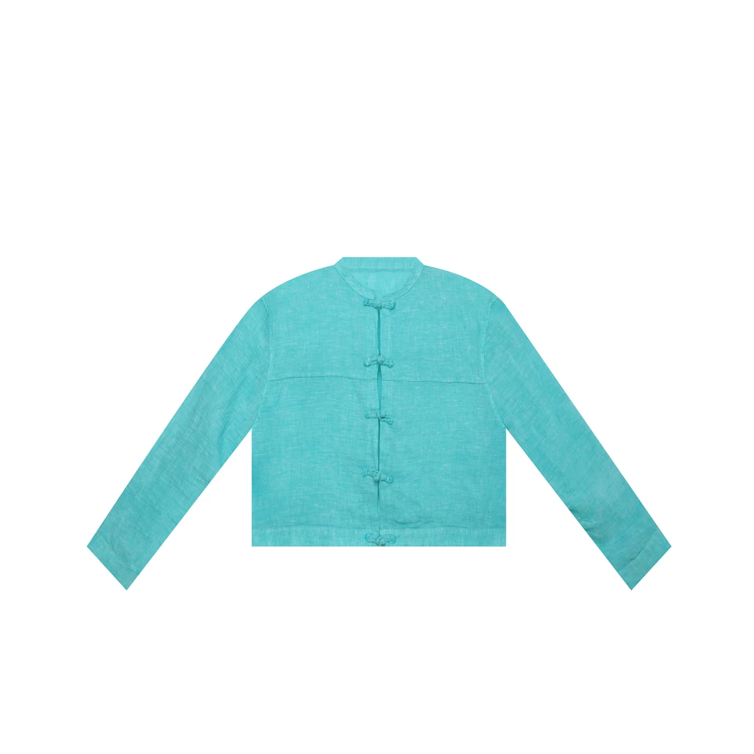 【麻訪家】MF0889薄荷蓝文艺简约盘扣百搭长袖开衫上衣