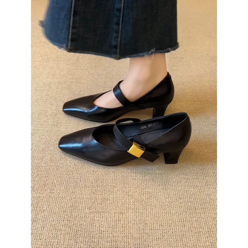 nnmiss/4.5cm优雅法式方头一字带时尚拼色复古浅口粗跟玛丽珍单鞋