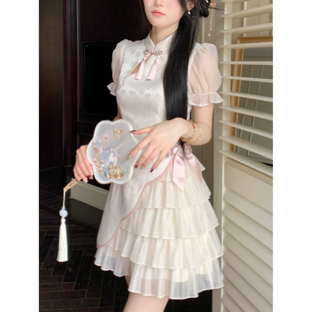 新中式蝴蝶结提花旗袍连衣裙女夏季2025新款收腰短裙子甜美蛋糕裙