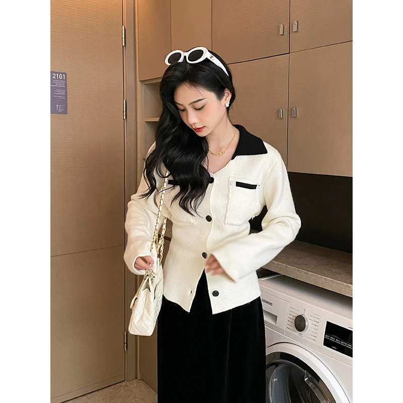 【清仓】小香风温柔系翻领撞色针织衫2024女款衣服设计长袖外套