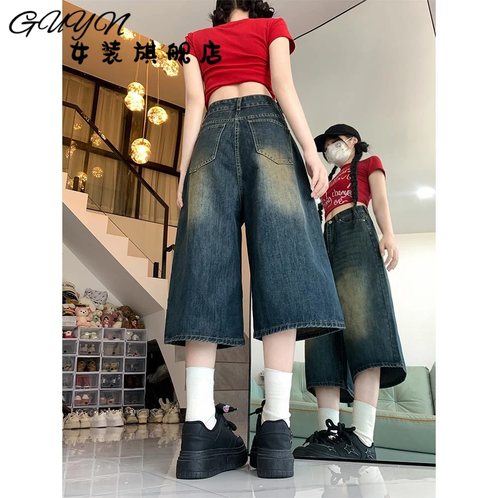 美式高街复古阔腿七分牛仔中裤女夏季高腰大码显瘦宽松直筒短裤子