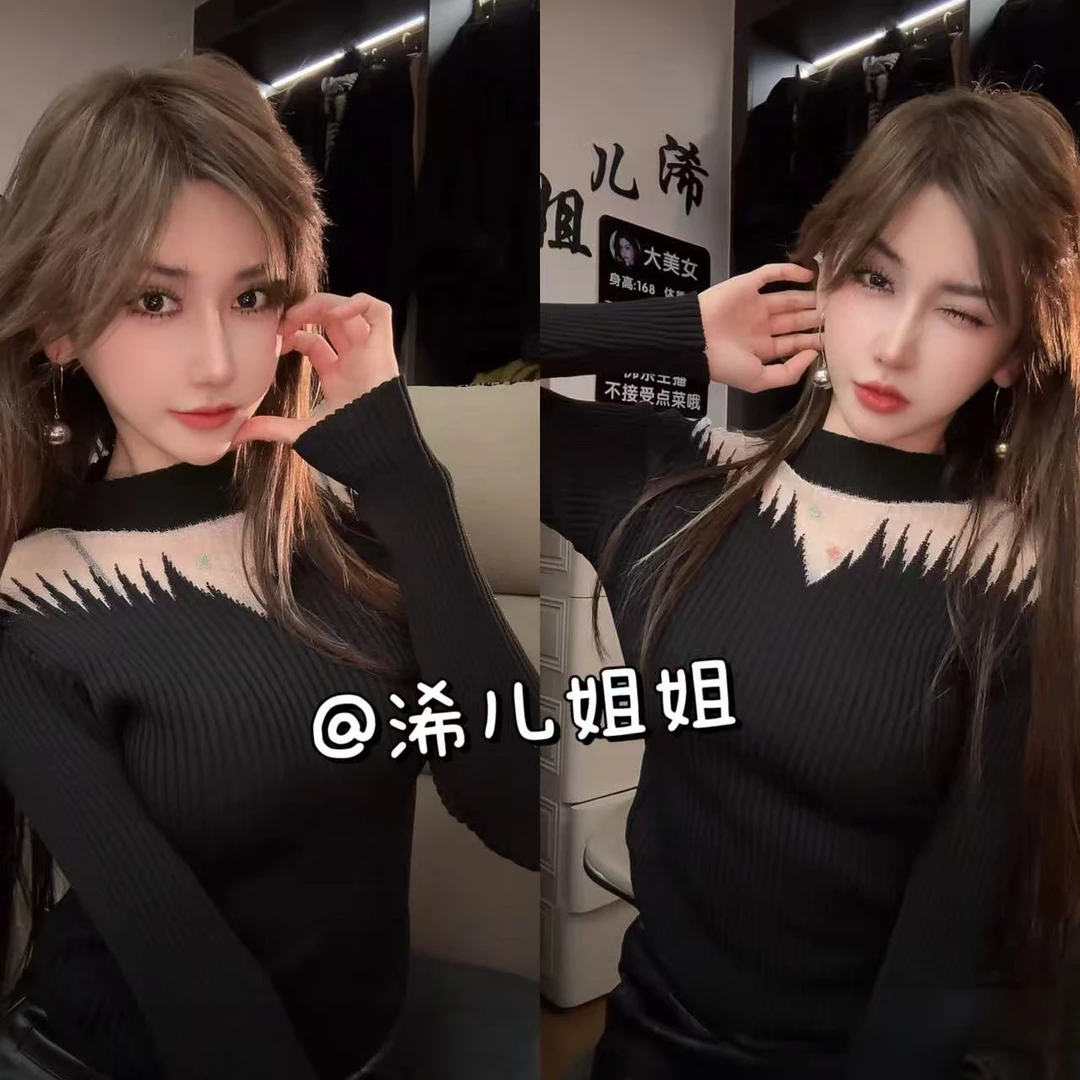 网纱拼接半高领针织上衣