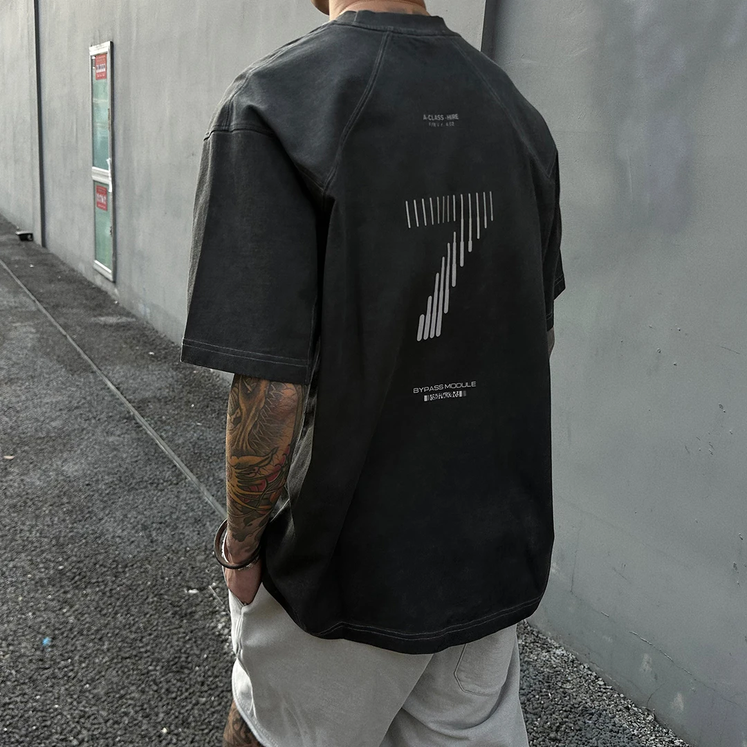 【UNAPS】夏季美式复古cleanfit拼接水洗灰宽松短袖T恤男女纯棉潮流