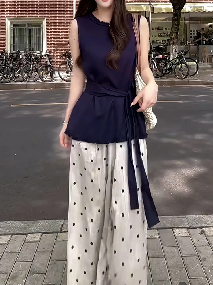 时尚套装2025夏季新款时尚绑带收腰无袖小衫+木耳边波点休闲裤子