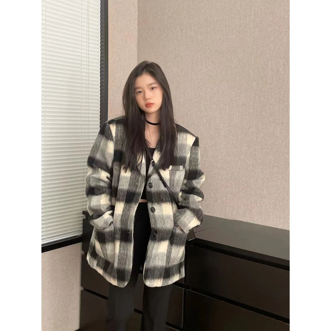 YOKLASS少女家 【清清】灰色格子毛呢外套小个子大衣 N1145S24