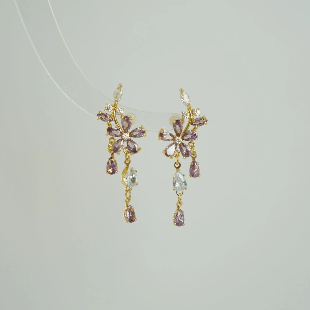 因缺斯汀饰品 铜合金耳饰 【紫藤花】甜美紫色花朵耳环无耳洞耳夹