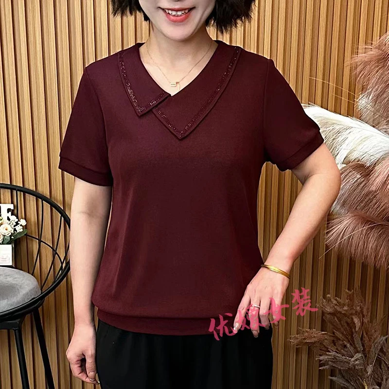 妈妈装夏季新款烫钻不对称领宽松显瘦中老年女装短袖上衣 A8821