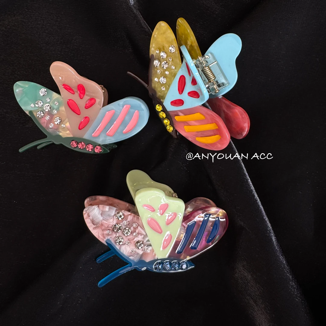 撞色闪钻蝴蝶醋酸发夹半抓鲨鱼夹高级感后脑勺马尾夹设计感发饰