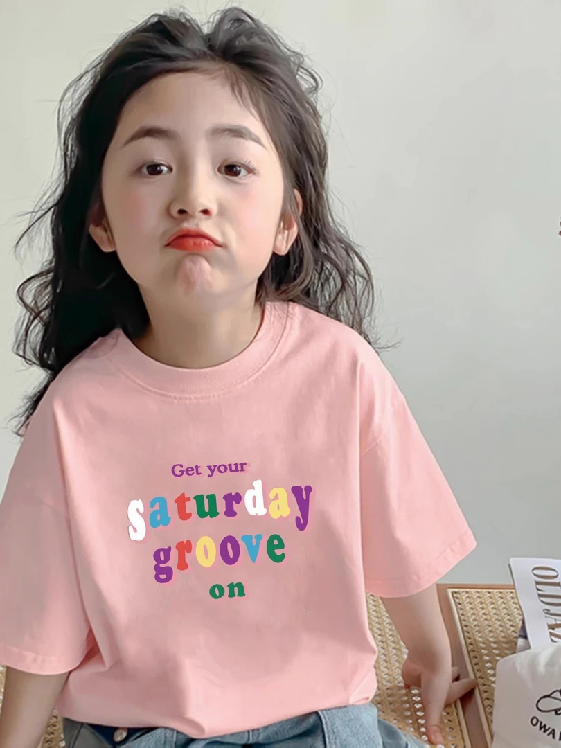 女童纯棉t恤夏装2025新款洋气儿童字母印花中小童时髦休闲上衣潮
