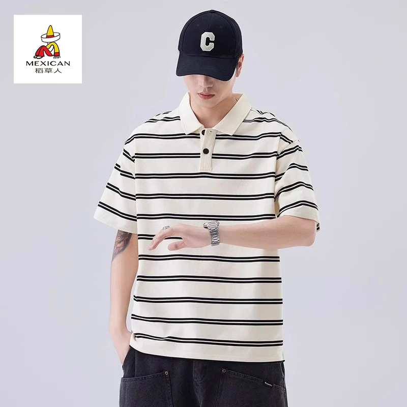 稻草人条纹POLO衫男士透气翻领短袖T恤夏季新薄款2025冰丝上衣服