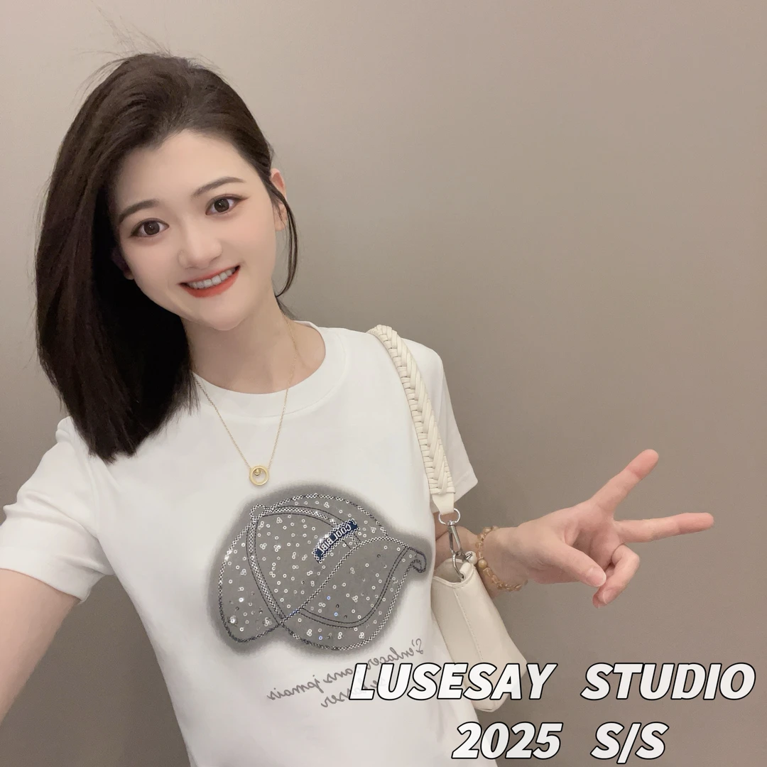 LUSESAY 设计感帽子亮片绣 夏季2025新款 短袖t恤女百搭显瘦上衣