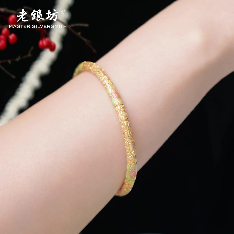 足银手镯 足银999.9描金十二花神开口镯 银首饰女款0034897